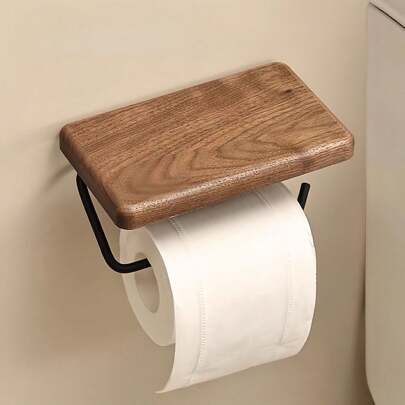 Walnut Toilet Paper Holder With Tray, Non-Perforated Toilet Paper Holder Bathroom Decoration, Adhesive Or Screw Wall Mounted Toilet Paper Roll Storage, Waterproof Bathroom Paper Roll Holder Bathroom Accessories Bathroom Tools