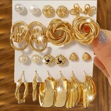 22pcs/Set Elegant Geometric Design Hoop Earrings Set For Women, Luxury Earrings Suitable For Daily Commute - Yellow Gold - View 13
