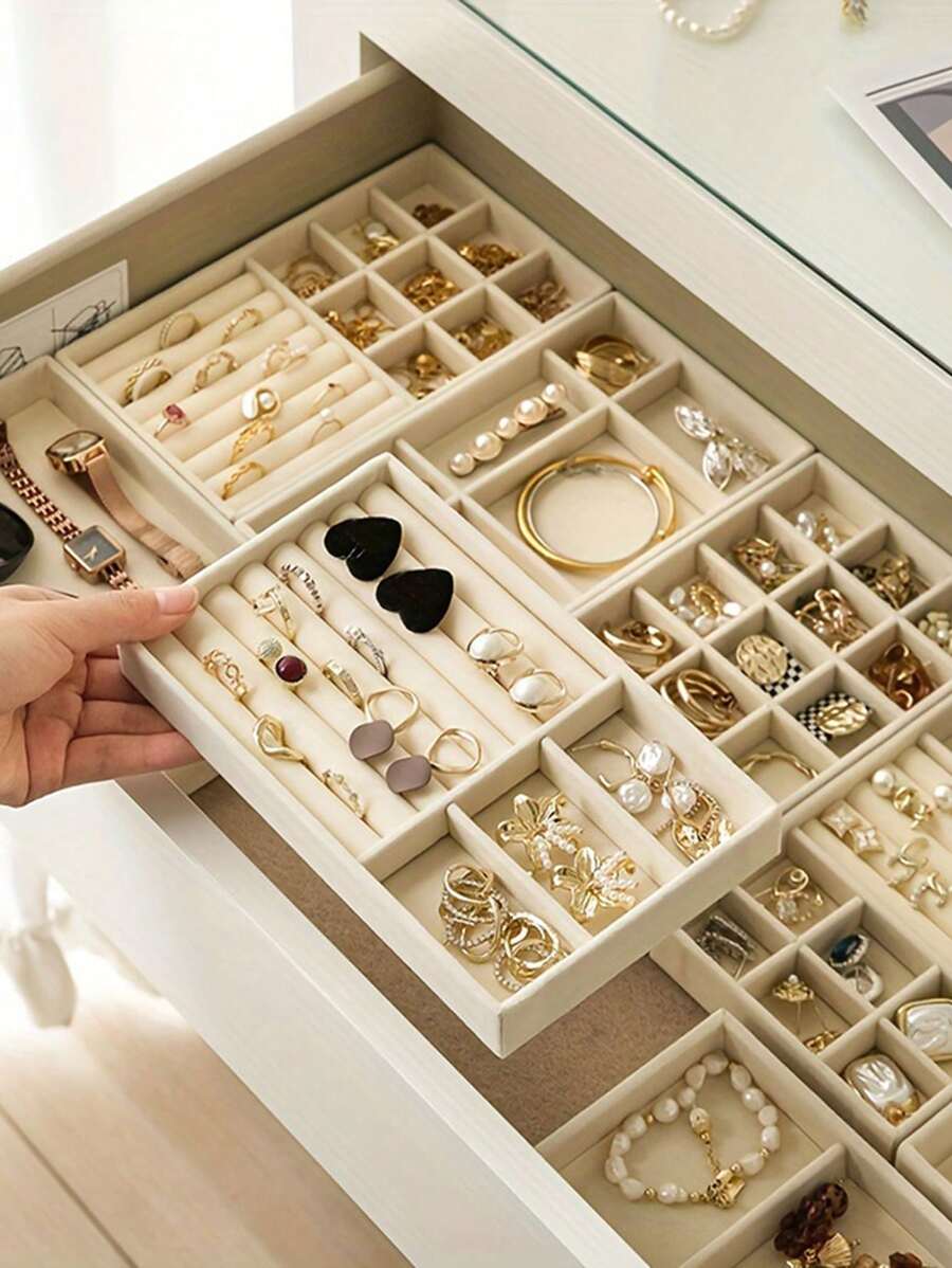 4pcs/1pc Jewelry Manager Tray, Elegant Stackable Velvet Jewelry Manager - Surface Wear, Suitable For Portable Multi Functional Storage Of Rings, Earrings, And Necklaces, Large Stackable Jewelry Tray With Drawers, Jewelry Storage Space For Earrings, Necklaces, And Bracelets, Easy To Sort