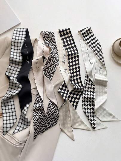 4件套复古法式黑色千鸟格字母印花发带，优雅别致简约风格，百搭发饰，适合日常、派对、工作、度假等场合，可作头巾、发带、蝴蝶结发带、优雅围巾、女士头巾、柔软头巾。