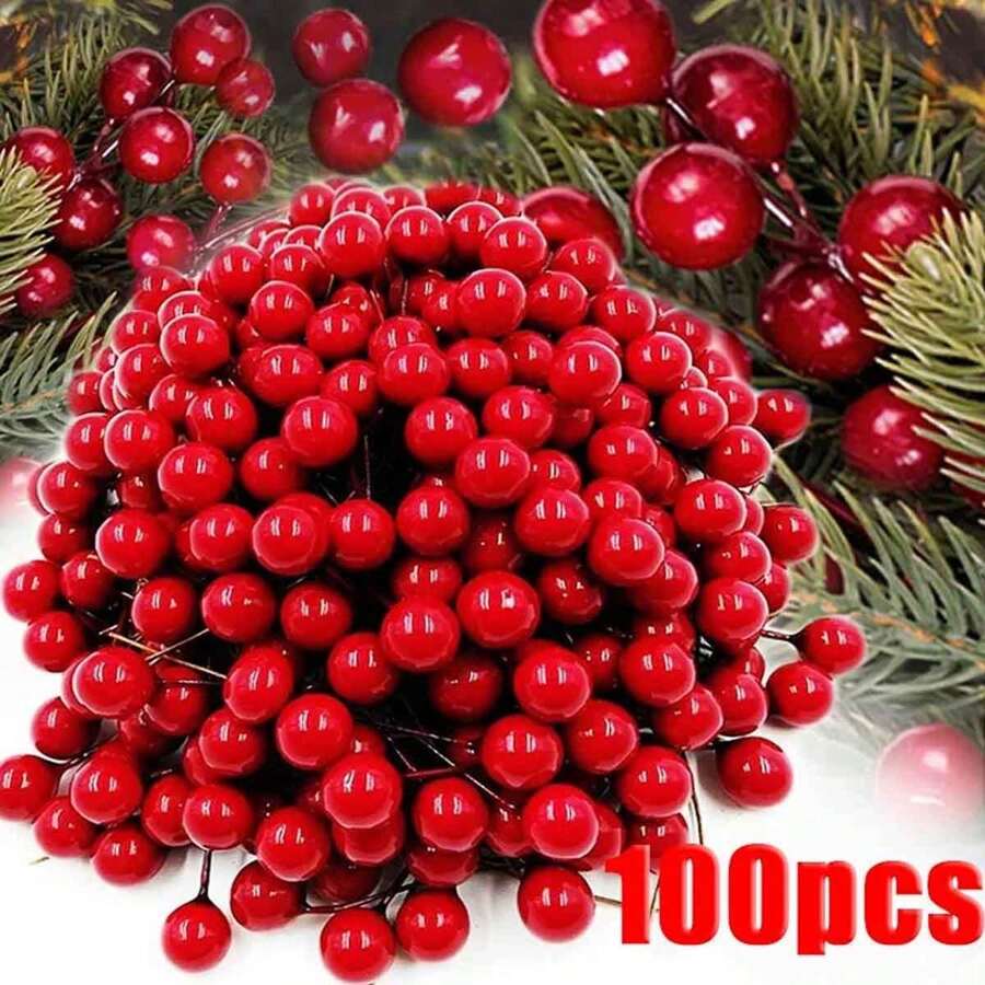 200/100 件圣诞球浆果仿真泡沫制成，小红色水果樱桃李子，圣诞配件浆果饰品 - 彩色 - 查看 1