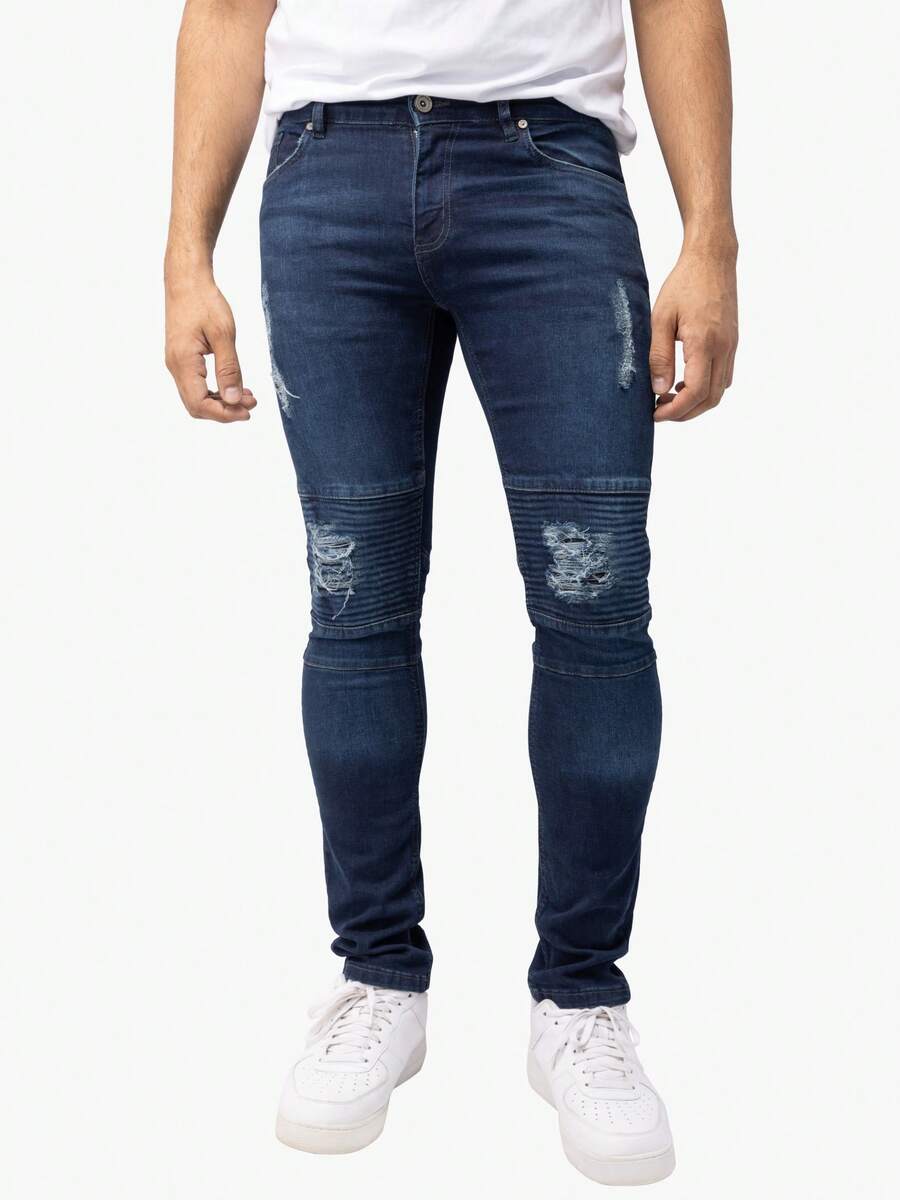 Men's Slim Fit Moto Jeans - 深色水洗藍 - 查看 1