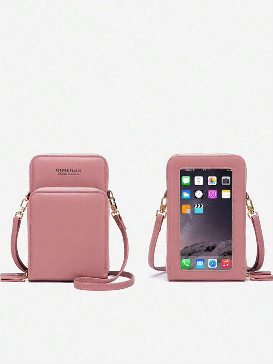 T60 Women's Wallet Bag Cell Phone Holder With 3 Zipper Crossbody Leather Wallet - 粉色 - 查看 1