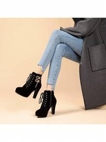 High Heel Boots For Women,Womens Platform Boot Heels Sexy Round Toe Lace UP High Heels Mid Calf Boots - 黑色-BO46LQ - 查看 2