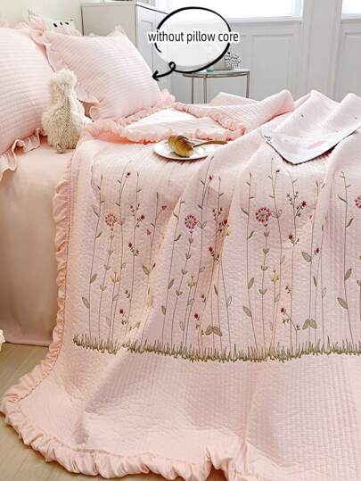 3pcs Floral Embroidery Bed Set - Quilt & Pillowcase Cover