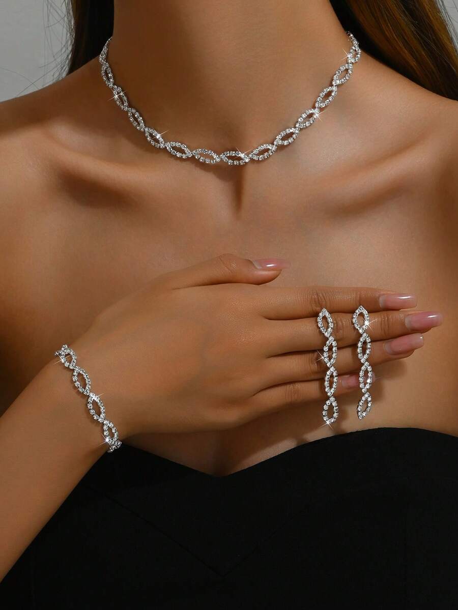 1set Women's Fashionable Full Rhinestone Teardrop Necklace, Bracelet And Earrings 3pcs Jewelry Set - Silver - View 1