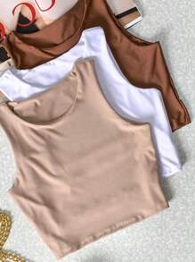 Kit 3 Cropped Women's Tank Top Plain Basic Suplex With Lining - 白色 - 查看 1