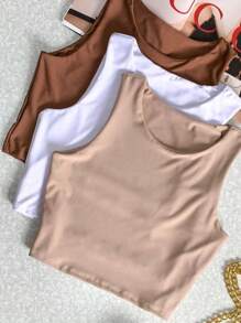 Kit 3 Cropped Women's Tank Top Plain Basic Suplex With Lining - 白色 - 查看 2