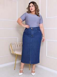 Denim Midi Skirt With Front Slit High Waist Modern Plus Size - 深色水洗藍 - 查看 8