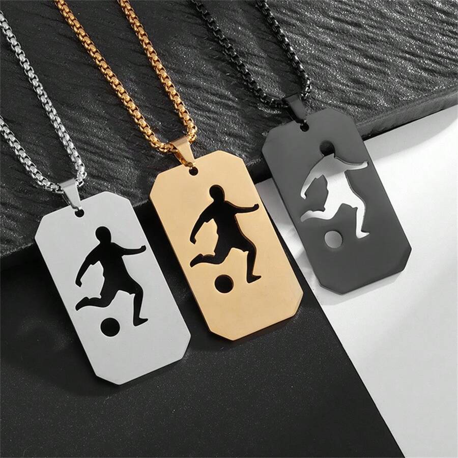 SeuSuk 1pc Fashionable Unisex Stainless Steel Square Soccer Player Pendant Necklace, Sports Jewelry Gift - Multicolor - View 1