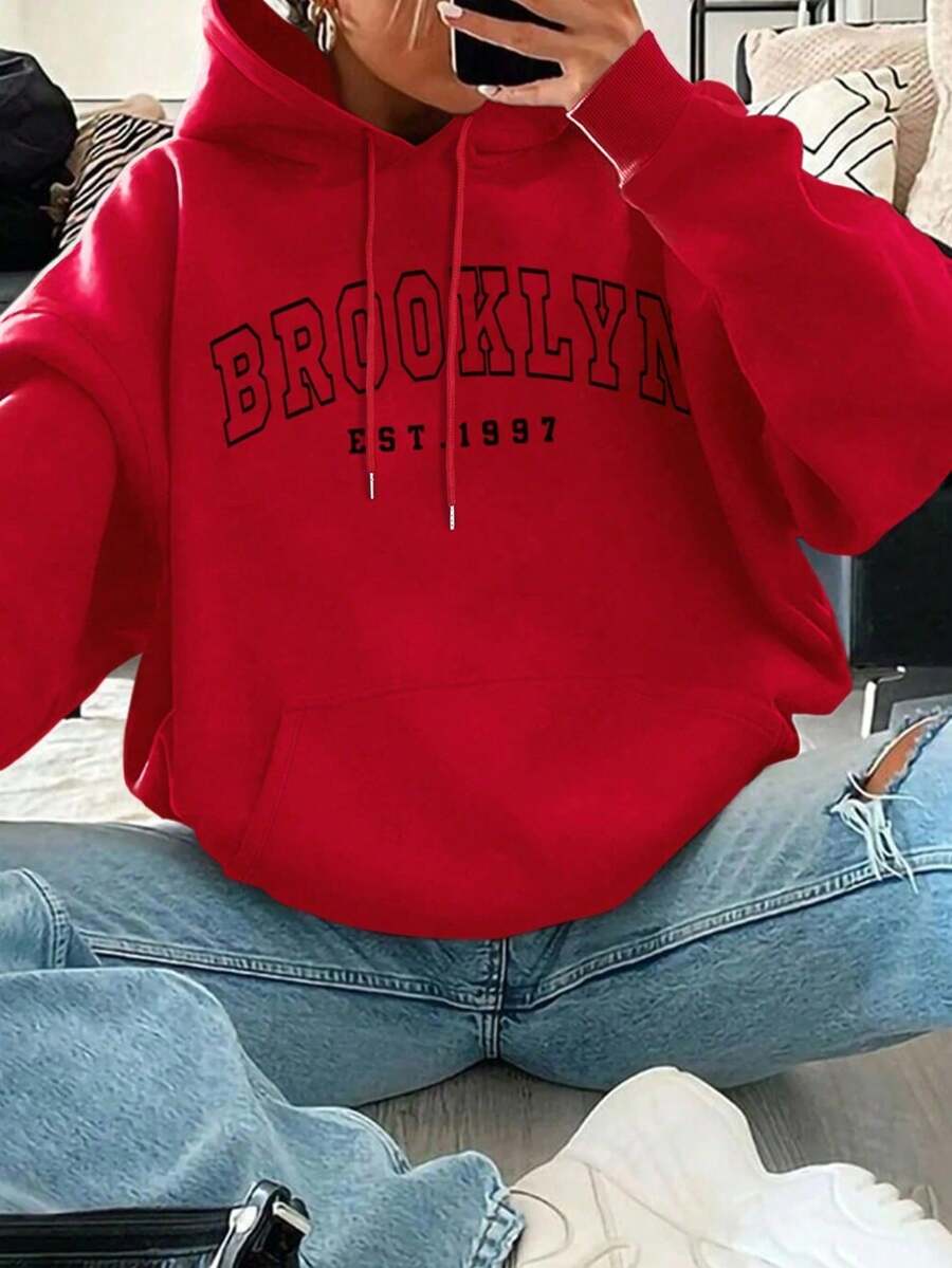 SHEIN LUNE Casual Regular Drawstring Hoodie With Long Sleeves - Đỏ - Xem 1