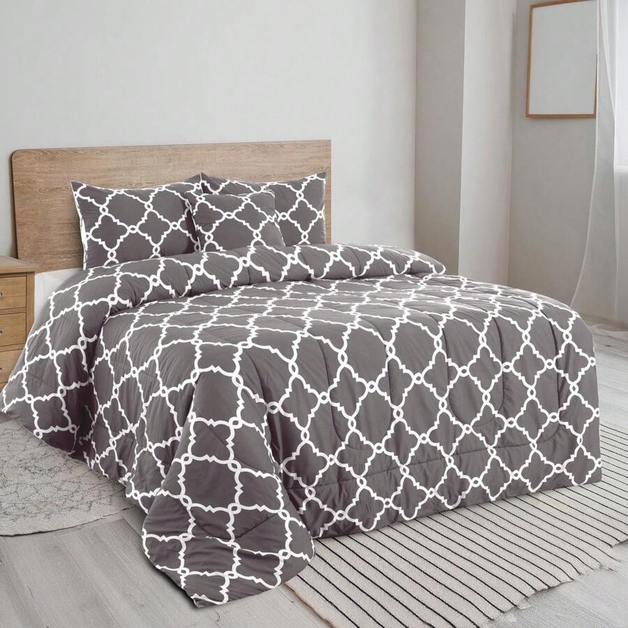Lux Decor 5-Piece Comforter Set, Soft Microfiber Bedding With Plush Texture, All-Season Comforter, Pillow Shams And Bed Skirt Included, Elegant Hotel Collection Bedding For Bedroom, Guest Room And Home - 四葉灰 - 查看 1