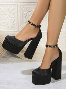 Women's Latest Classic All Season New Super High Heel Crystal Buckle Strap Shoes, Fashionable Comfortable Non-Slip Personality Double-Layer Waterproof Platform Satin Square Toe Pumps