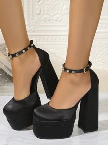 Women's Latest Classic All Season New Super High Heel Crystal Buckle Strap Shoes, Fashionable Comfortable Non-Slip Personality Double-Layer Waterproof Platform Satin Square Toe Pumps