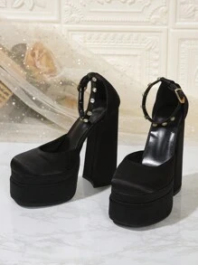 Women's Latest Classic All Season New Super High Heel Crystal Buckle Strap Shoes, Fashionable Comfortable Non-Slip Personality Double-Layer Waterproof Platform Satin Square Toe Pumps