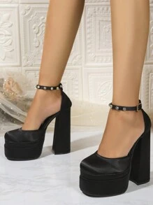 Women's Latest Classic All Season New Super High Heel Crystal Buckle Strap Shoes, Fashionable Comfortable Non-Slip Personality Double-Layer Waterproof Platform Satin Square Toe Pumps