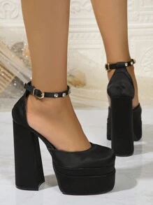 Women's Latest Classic All Season New Super High Heel Crystal Buckle Strap Shoes, Fashionable Comfortable Non-Slip Personality Double-Layer Waterproof Platform Satin Square Toe Pumps