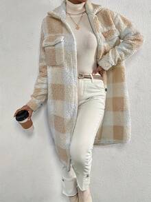 Women's Autumn & Winter Single-Breasted Lapel Plush Plaid Coat, Loose Long Overcoat, Long-Sleeved Outerwear