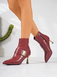 Botas cortas de punta fina de moda para mujer en color rojo, de alta gama con textura de roca, cremallera lateral, correa frontal, hebilla cuadrada, tacones finos, botas de - Rojo - Ver 5