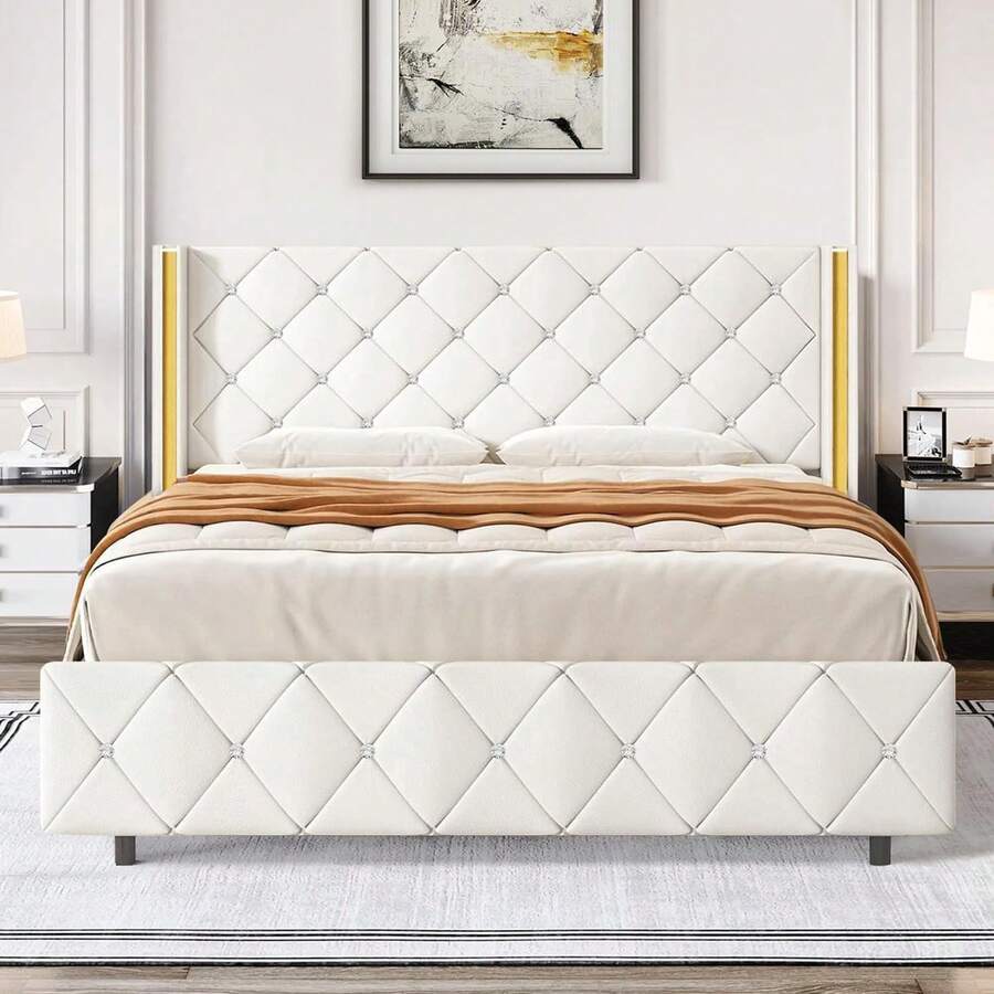 Twin/ Full/ Queen/ King Size Bed Frame, Upholstered Bed Frame With Diamond Headboard And Footboard, No Box Spring Needed With Wood Slat Support, Easy Assembly, Twin Bed Frame/ Full Bed Frame/ King Bed Frame, Black/ Pink/ White/ Purple/ Blue/ Green - 米色 - 查看 1