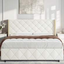 Twin/ Full/ Queen/ King Size Bed Frame, Upholstered Bed Frame With Diamond Headboard And Footboard, No Box Spring Needed With Wood Slat Support, Easy Assembly, Twin Bed Frame/  Full Bed Frame/ King Bed Frame, Black/ Pink/ White/ Purple/ Blue/ Green - 米色 - 查看 5