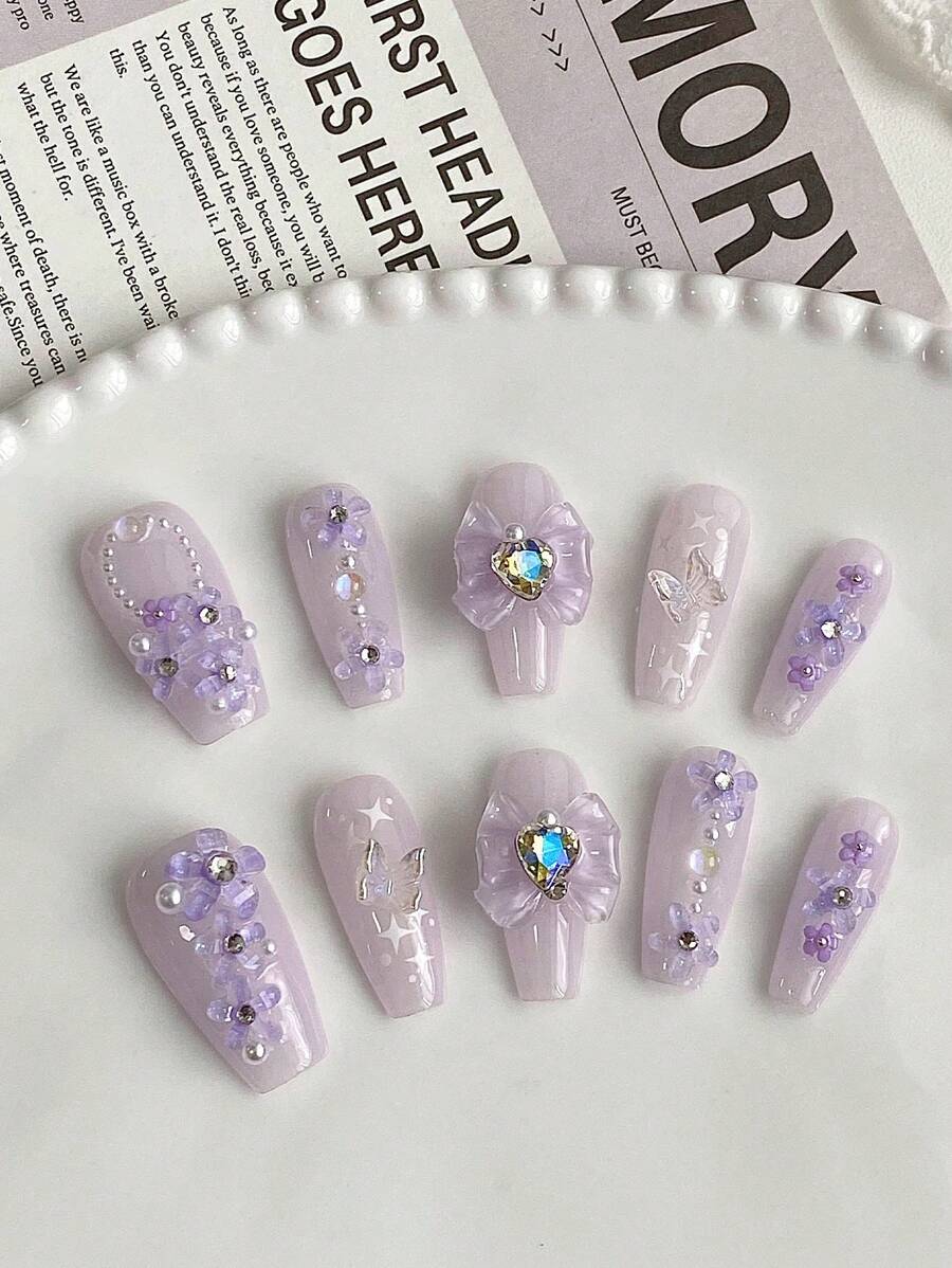 纯手工紫色新款中长款梯形链条花朵蝴蝶可拆卸美甲饰品，适合派对或聚会佩戴，按压式美甲贴片，美甲用品 - 彩色 - 查看 1