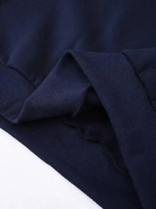 男士休闲日常通勤多功能字母和美国国旗印花袋鼠口袋抽绳连帽衫，秋冬款 - 藏蓝色 - 查看 4