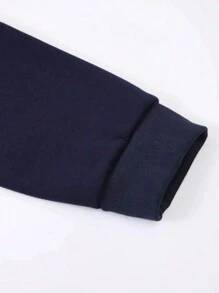 男士休闲日常通勤多功能字母和美国国旗印花袋鼠口袋抽绳连帽衫，秋冬款 - 藏蓝色 - 查看 3