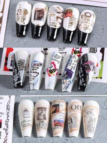 5片装3D字母美甲贴纸，彩色英文单词字母，报纸复古设计，自粘式美甲装饰，美甲沙龙设计，DIY美甲配件，适合女性和女孩 - 彩色 - 查看 2