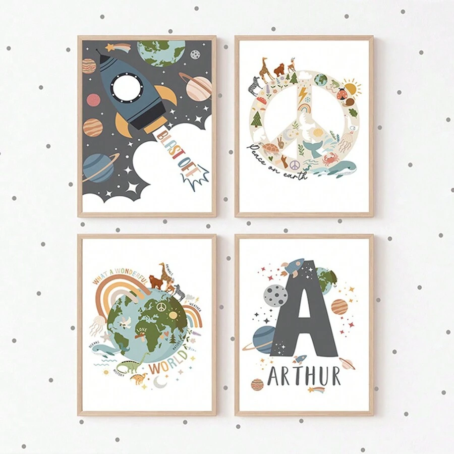 Pósters y cuadros sin marco con tema de astronauta y espacio para decoración de habitación infantil, arte mural de pintura en lienzo con cohetes y astronautas lindos, decoraciones para baby shower y regalos familiares para habitación de niños y niñas - Multicolor - Ver 1