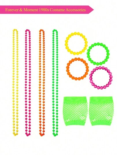 Forever & Moment 9 PCS 80s Women Costume Accessories Set Neon Bead Necklace Bracelet Fingerless Short Fishnet Gloves For 80's Party Theme Party Halloween Gift Music Festival Dance Performance Prom