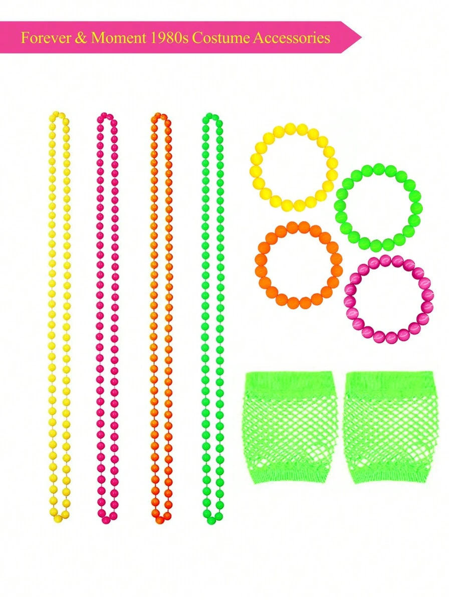 Forever & Moment 9 件 80 年代女士服装配饰套装霓虹珠项链手链露指短渔网手套适合 80 年代派对主题派对万圣节礼物音乐节舞蹈表演舞会