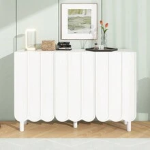 Modern Cream Minimalist Shoe Cabinet With 5 Solid Wood Legs, Sideboard Buffet Storage With Adjustable Shelves & Wave Doors For Living Room, White - 白色+中密度纖維板 - 查看 1
