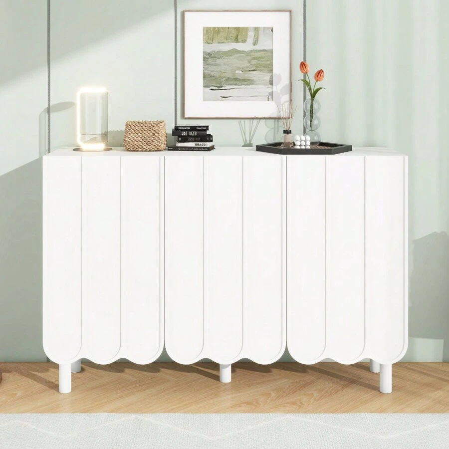Modern Cream Minimalist Shoe Cabinet With 5 Solid Wood Legs, Sideboard Buffet Storage With Adjustable Shelves & Wave Doors For Living Room, White - 白色+中密度纖維板 - 查看 1