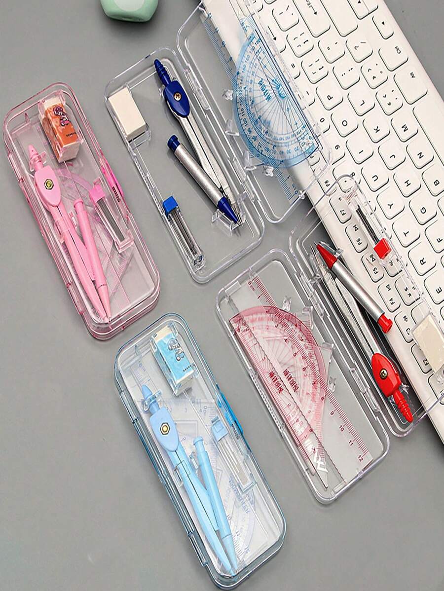 7pcs/Set Geometric Drafting Tools Kit, Includes Compass, Protractor, Triangle Ruler, Square, Ruler, Compass, And Angle Measure. School Supplies. - Multicolor - View 1