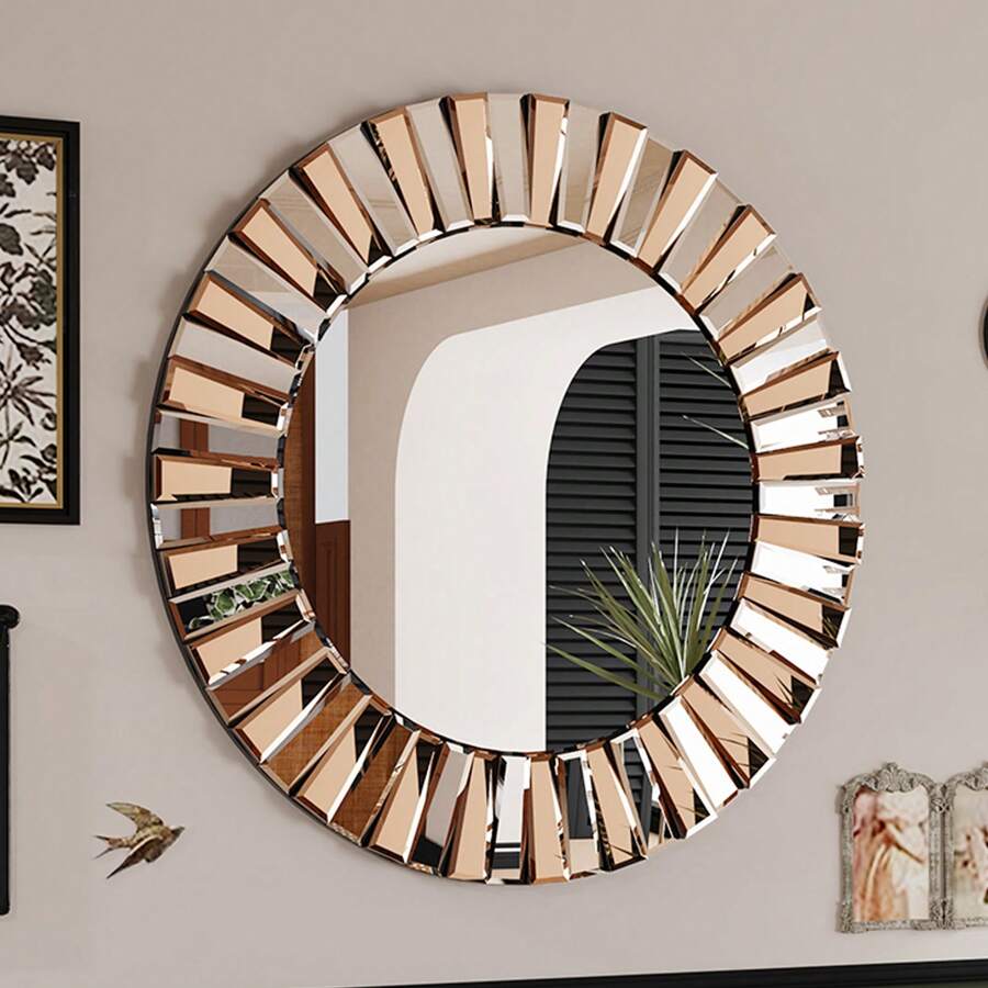 Sunburst Beveled Edge Frameless Wall Mount Bathroom Vanity Mirror - Tawny - View 1