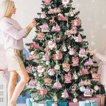 24 piezas, diseños navideños rosas, Papá Noel, animales, pino perenne, muñeco de nieve, reno, hombre de jengibre, campana, adornos navideños colgantes de madera para árbol, decoración de jardín y suministros, decoración de fiesta, suministros navideños, decoración de jardín (con cuerda), Navidad