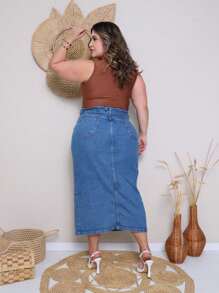 Casa de Jeans - Saia Jeans Mídi Feminina Cós Alto, Perfeita Para Mulheres Plus Size, Tamanhos 38 ao 54 - Lavagem Média - Visão 8