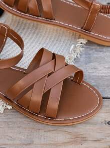 宽版棕色交叉弹性踝带女式夏季时尚奢华人字拖凉鞋，适合海滩、度假和休闲穿着 - 棕色 - 查看 6