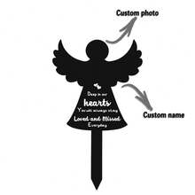 1 件定制照片和名字纪念天使翼形木桩亚克力墓碑墓地花园装饰用于纪念心爱的宠物、母亲、父亲和亲人 - 黑色 - 查看 6