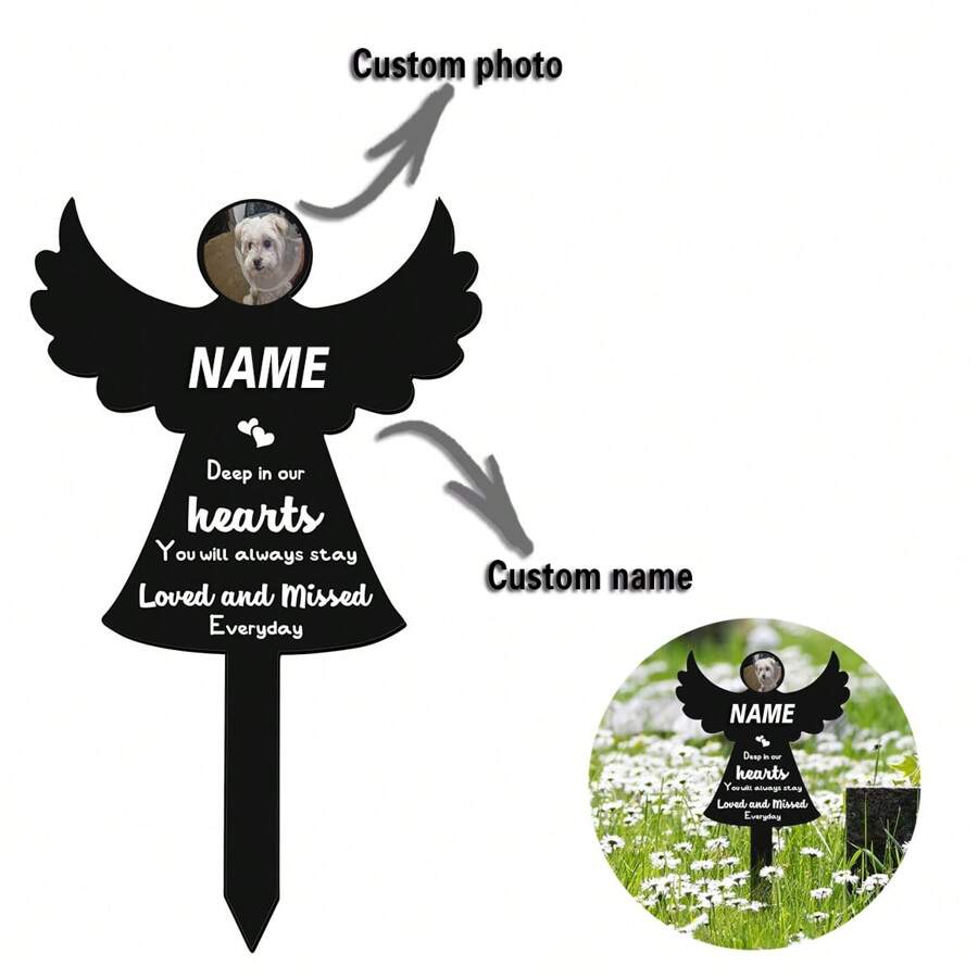 1 件定制照片和名字纪念天使翼形木桩亚克力墓碑墓地花园装饰用于纪念心爱的宠物、母亲、父亲和亲人 - 黑色 - 查看 1