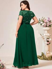 Plus Sequin Lace Bodice Scallop Trim V-Neck Chiffon Evening Party Dress Elegant Formal Prom Wedding Guest Gown, For Graduation, Dinner, Homecoming - Dark Green - View 3