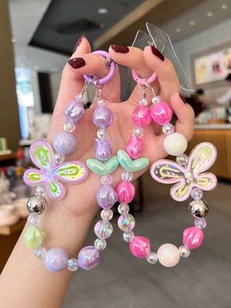 1 件郁金香花朵手机挂绳涂鸦蝴蝶吊坠冰淇淋彩色珠子短腕链兼容 和手机壳配件礼物送给母亲、家人、朋友、生日、节日手机吊饰、手机链