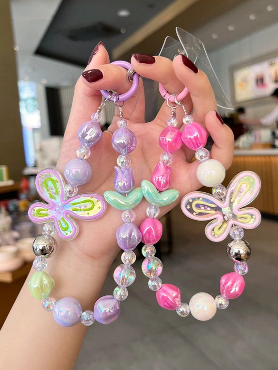 1 件郁金香花朵手机挂绳涂鸦蝴蝶吊坠冰淇淋彩色珠子短腕链兼容 和手机壳配件礼物送给母亲、家人、朋友、生日、节日手机吊饰、手机链