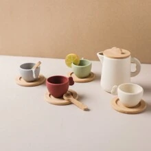 圣诞装饰 1 套婴儿角色扮演茶具套装、硅胶茶壶、木制杯垫、防漏儿童茶具玩具 - 彩色 - 查看 10