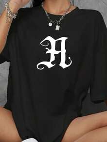 Women's T-Shirt Drop Shoulder Streetwear Slogan T-Shirt Blogger Style Shirt - 黑色 - 查看 1