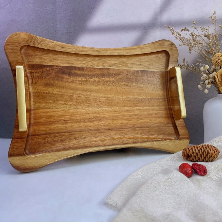 1pc Solid Wood Serving Tray, Multi-Purpose Wooden Platter For Afternoon Tea, Snacks, Desserts, Tableware, Bathroom Vanity, Jewelry Display, Photography - High-Quality Metal Handle Rosewood Tray Home Room Decoration,Kitchen,Christmas Gift