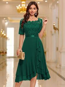 MIUSOL Boat Neck Floral Lace Patchwork Ruffle Hem Cocktail Party Wedding Guest Dress - Dark Green - View 4