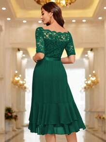 MIUSOL Boat Neck Floral Lace Patchwork Ruffle Hem Cocktail Party Wedding Guest Dress - Dark Green - View 3