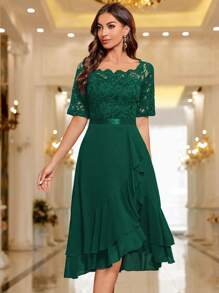 MIUSOL Boat Neck Floral Lace Patchwork Ruffle Hem Cocktail Party Wedding Guest Dress - Dark Green - View 5